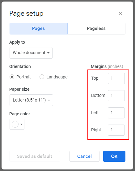 Google Docs Web Default Margins in Page Setup Window