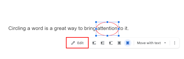 Google Docs Web Edit Button in Toolbar Below Selected Shape
