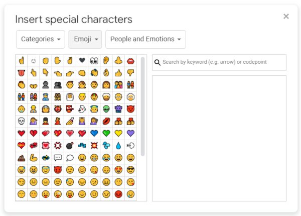 Google Docs Web Emoji Filter and Emojis in More Bullets Window