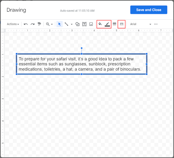 Google Docs Web Fill Color Border Color and Border Dash Icons in Toolbar of Drawing Window