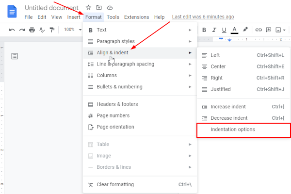 Google Docs Web Indentation Options in Align and Indent Under Format Tab