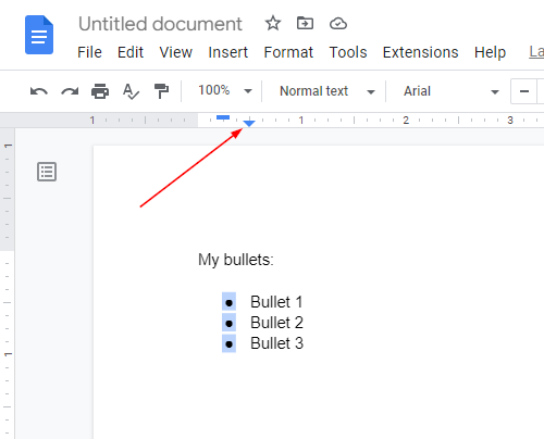 Google Docs Web Left Indent Triangle in Ruler With Multiple Bullets Selected