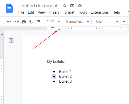 Google Docs Web Left Indent Triangle in Ruler With Single Bullet Point Selected