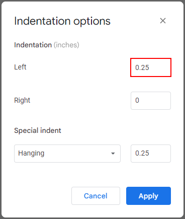 Google Docs Web Left Indentation in Indentation Options Window