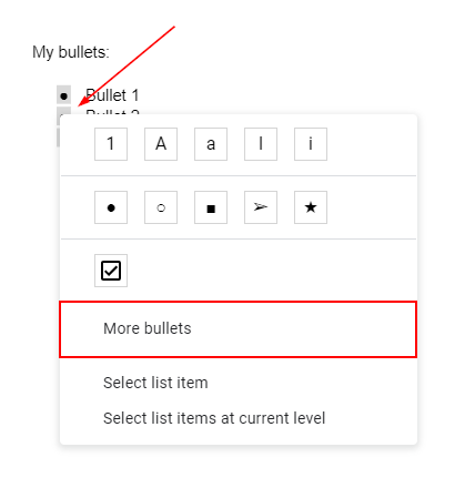 Google Docs Web More Bullets in Bullet List Right Click Menu