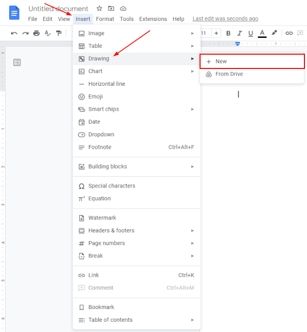 Google Docs Web New Drawing in Insert Menu