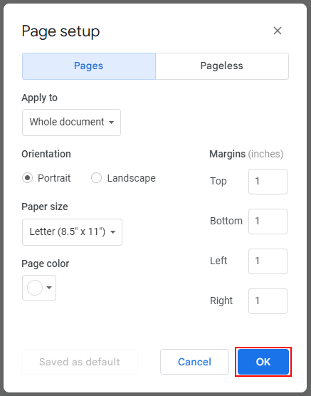 Google Docs Web OK Button in Page Setup Window