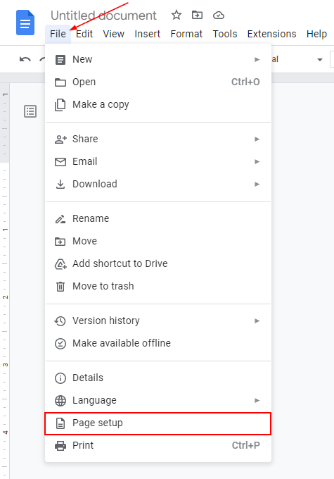 Google Docs Web Page Setup in File Menu