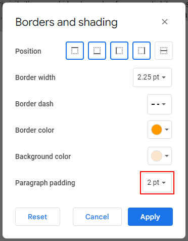Google Docs Web Paragraph Padding Dropdown in Borders and Shading Window