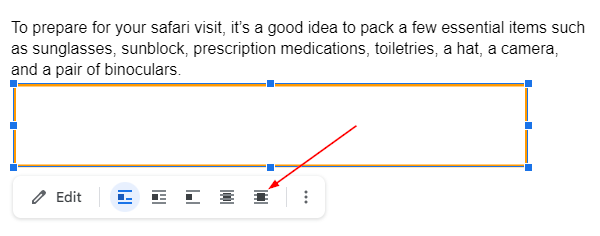 Google Docs Web Rectangle Selected with In Front of Text Text Wrapping Icon in Text Wrapping Toolbar