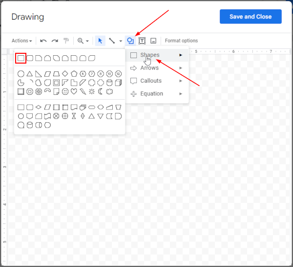 Google Docs Web Rectangle in Shapes Menu of Drawing Window