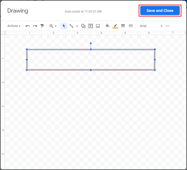 Google Docs Web Save and Close Button in Drawing Window with Rectangle on Canvas
