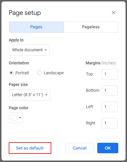 Google Docs Web Set as Default Button in Page Setup Window