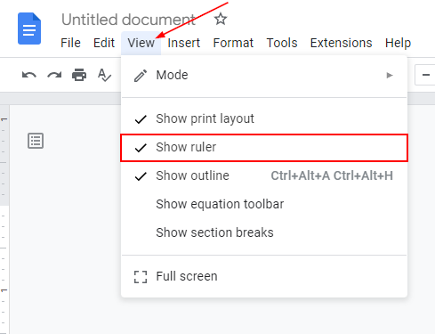 Google Docs Web Show Ruler in View Tab