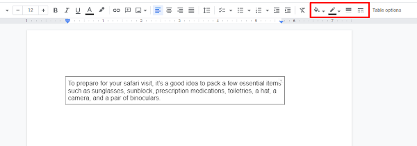 Google Docs Web Table Cell Fill Color Border Color Border Width and Border Dash Icons in Toolbar
