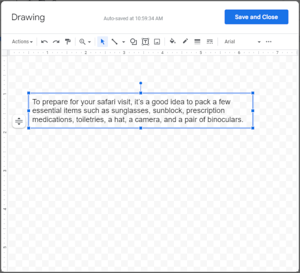 Google Docs Web Text Box with Text in it on Canvas in Drawing Window