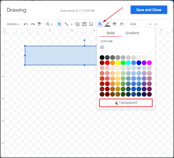 Google Docs Web Transparent in Fill Menu of Drawing Window with Rectangle on Canvas
