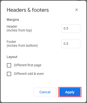 Google Docs Web Apply Button in Header Format Window