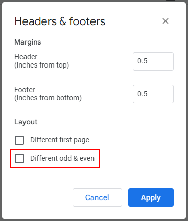 Google Docs Web Different Odd and Even in Header Format Window