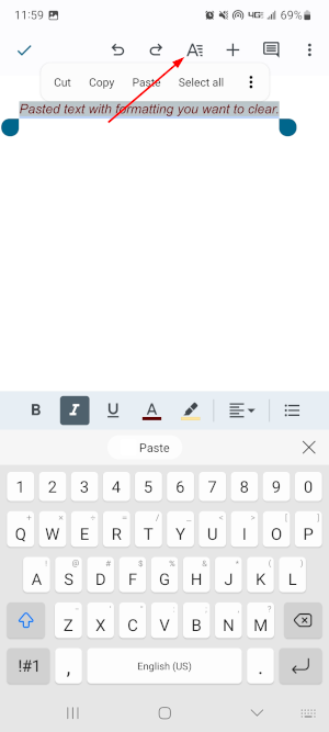 Google Docs Mobile App Format Icon in Toolbar at Top With Highlighted Formatted Text