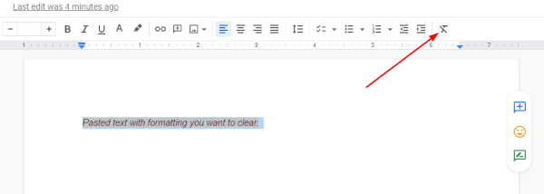Google Docs Web Clear Formatting Button in Toolbar Above Highlighted Text with Formatting