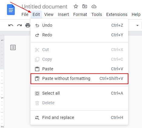 Google Docs Web Paste Without Formatting in Edit Menu