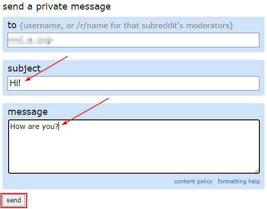 Old Reddit Web Send Private Message Form Filled in Example with Send Button Highlighted
