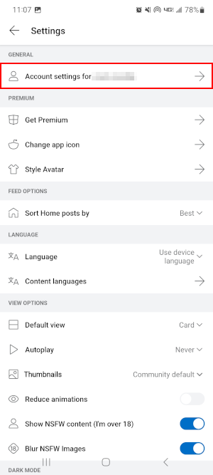 Reddit Mobile App Account Settings Option in User Settings