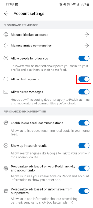 Reddit Mobile App Allow Chat Requests Toggle Icon in User Settings