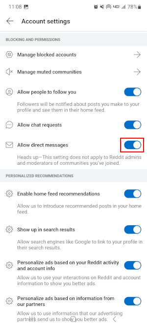 Reddit Mobile App Allow Direct Messages Toggle Icon in User Settings