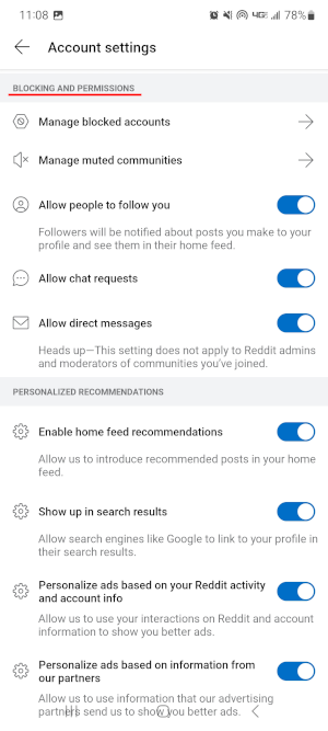 Reddit Mobile App Blocking and Permissions Section in User Settings