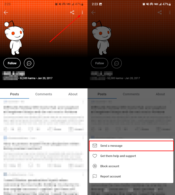 Reddit Mobile App Send a Message in User Profile Ellipsis Menu
