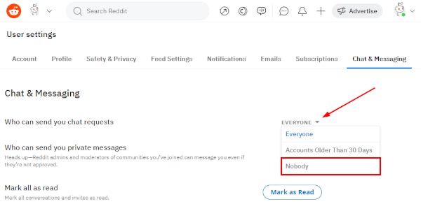 Reddit Web Nobody Option in Who Can send You Chat Requests Setting Dropdown Menu in User Settings
