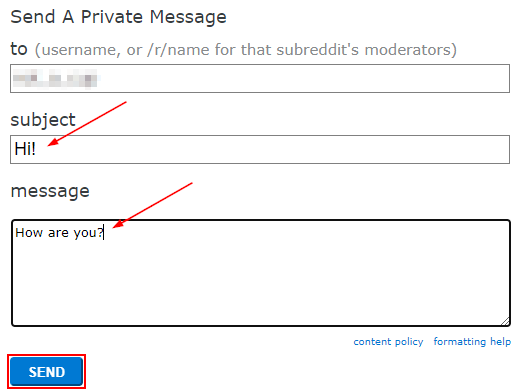 Reddit Web Send Private Message Form Filled in Example with Send Button Highlighted