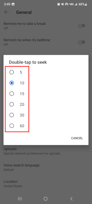 YouTube Mobile App Seek Intervals in Double-tap to Seek Menu