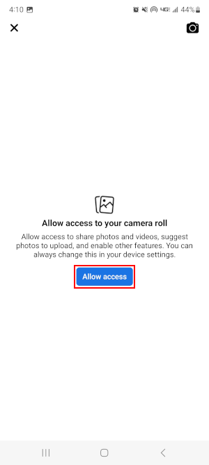 Facebook Mobile App Allow Access Button on Allow Camera Roll Access Screen