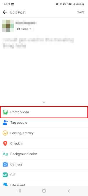 Facebook Mobile App Photo or Video Button on Edit Post Screen
