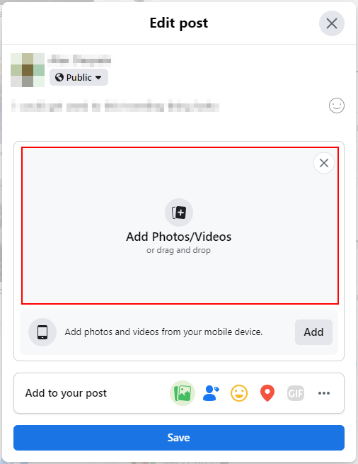 Facebook Web Add Photos or Videos Button in Edit Post Window