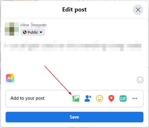 Facebook Web Photo Icon in Add to Post Section of Edit Post Window