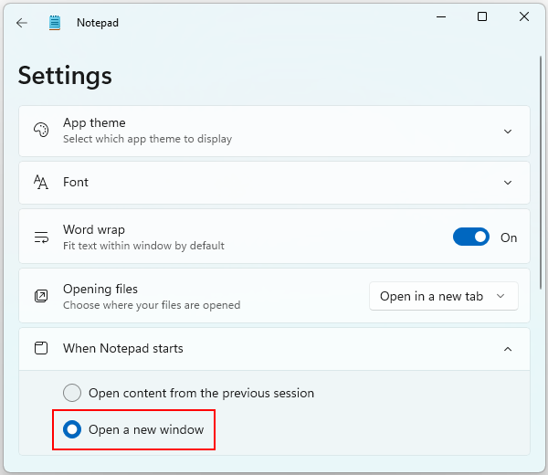 Open a New Window Radio Option Under When Notepad Starts in Settings of Windows 11 Notepad App
