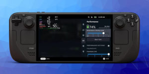 Steam Deck with Performance Quick Access Menu Open and Detailed Performance Overlay Enabled
